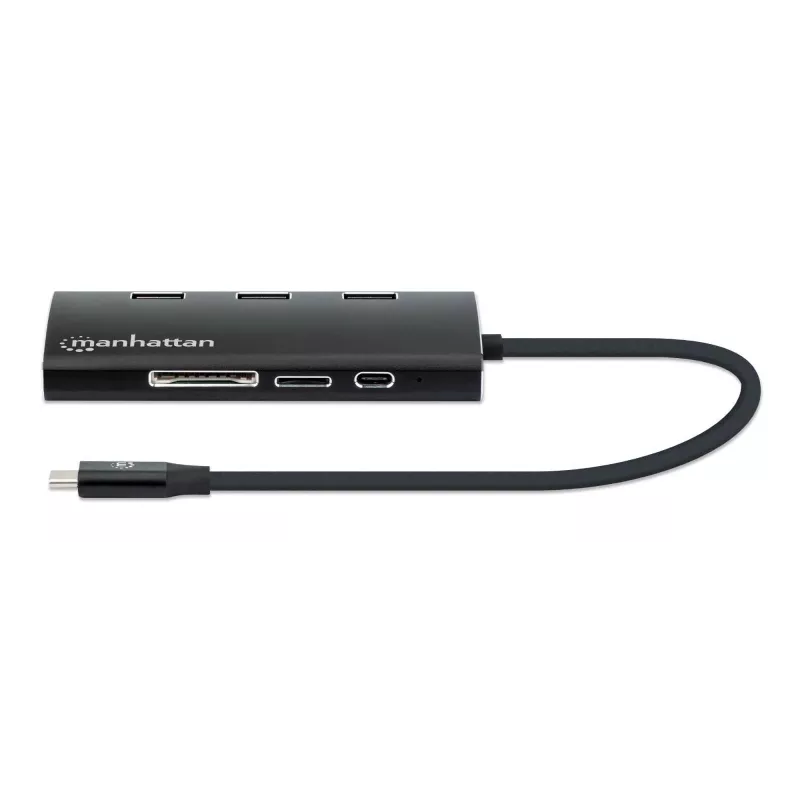 Manhattan USB-C Dock/Hub with Card Reader, Ports (x6): Ethernet, HDMI, USB-A (x3) and USB-C, With Power Delivery (100W) to USB-C Port (Note additional USB-C wall charger and USB-C cable needed), Universal for all devices, Aluminium, Equivalent to DKT30CSDHPD3