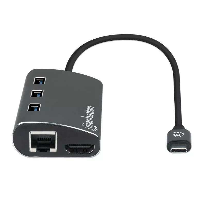 Manhattan USB-C Dock/Hub with Card Reader, Ports (x6): Ethernet, HDMI, USB-A (x3) and USB-C, With Power Delivery (100W) to USB-C Port (Note additional USB-C wall charger and USB-C cable needed), Universal for all devices, Aluminium, Equivalent to DKT30CSDHPD3