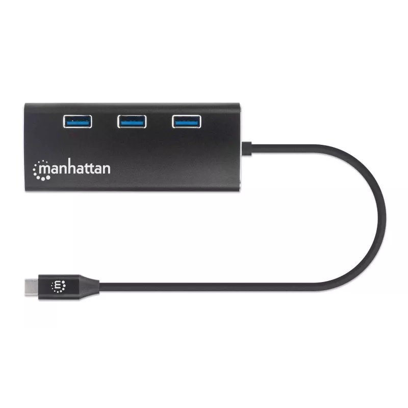 Manhattan USB-C Dock/Hub with Card Reader, Ports (x6): Ethernet, HDMI, USB-A (x3) and USB-C, With Power Delivery (100W) to USB-C Port (Note additional USB-C wall charger and USB-C cable needed), Universal for all devices, Aluminium, Equivalent to DKT30CSDHPD3