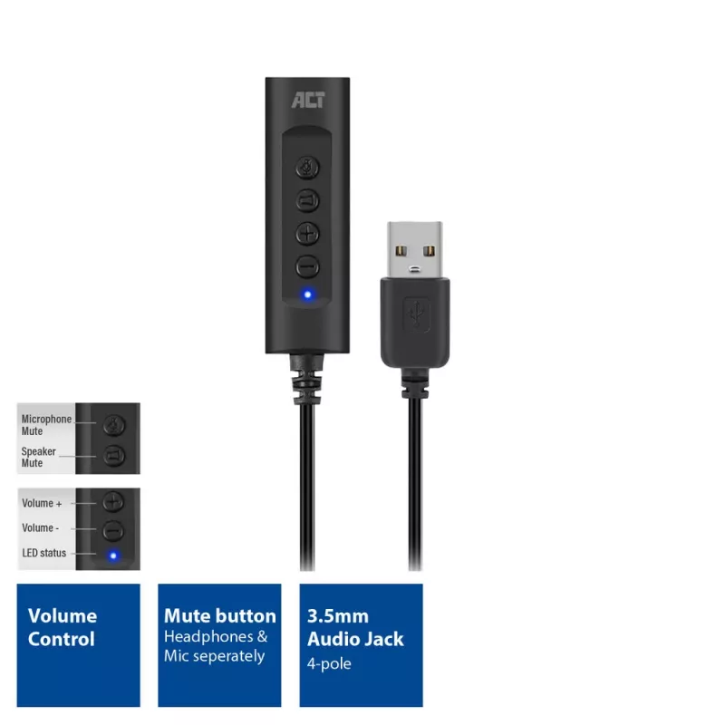 ACT AC9360 audio card USB 3.5 mm headphone connectivity 4 buttons
