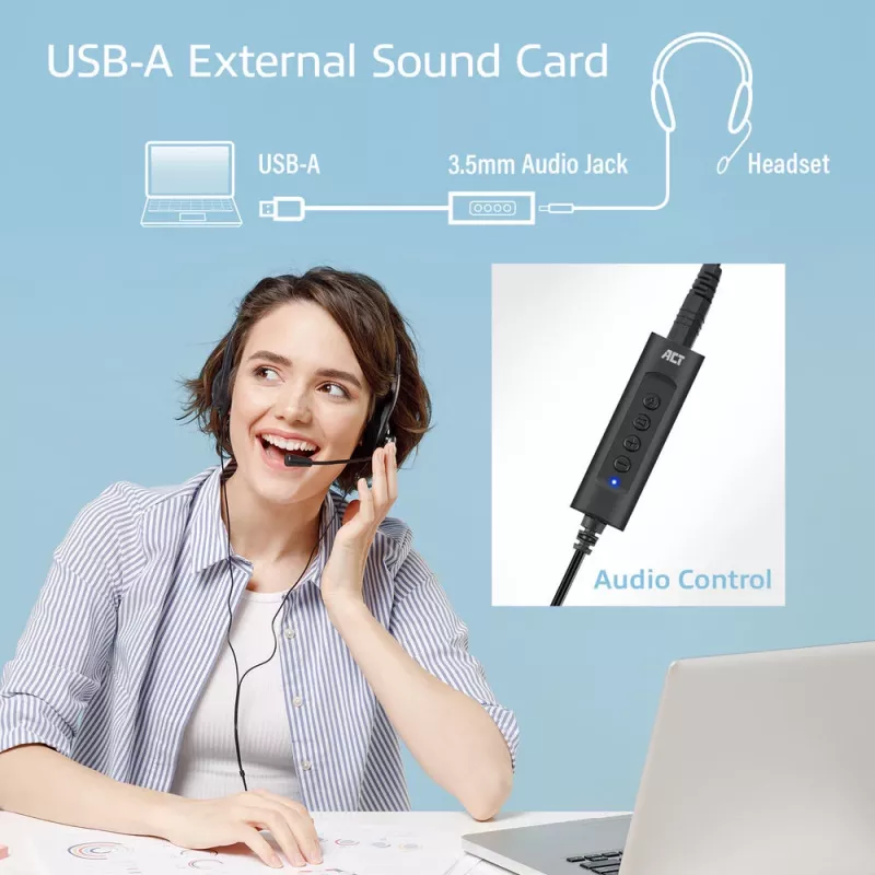 ACT AC9360 audio card USB 3.5 mm headphone connectivity 4 buttons