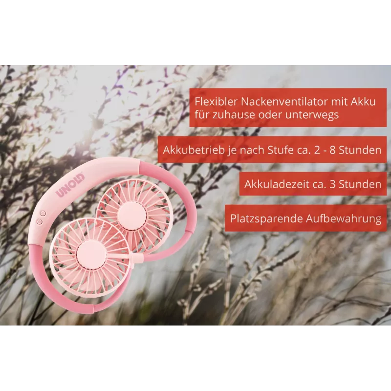 Unold Neck Fan Breezy Pink, Pink, 2 fan(s), 8 h, Neck fan, White, 1 pc(s)