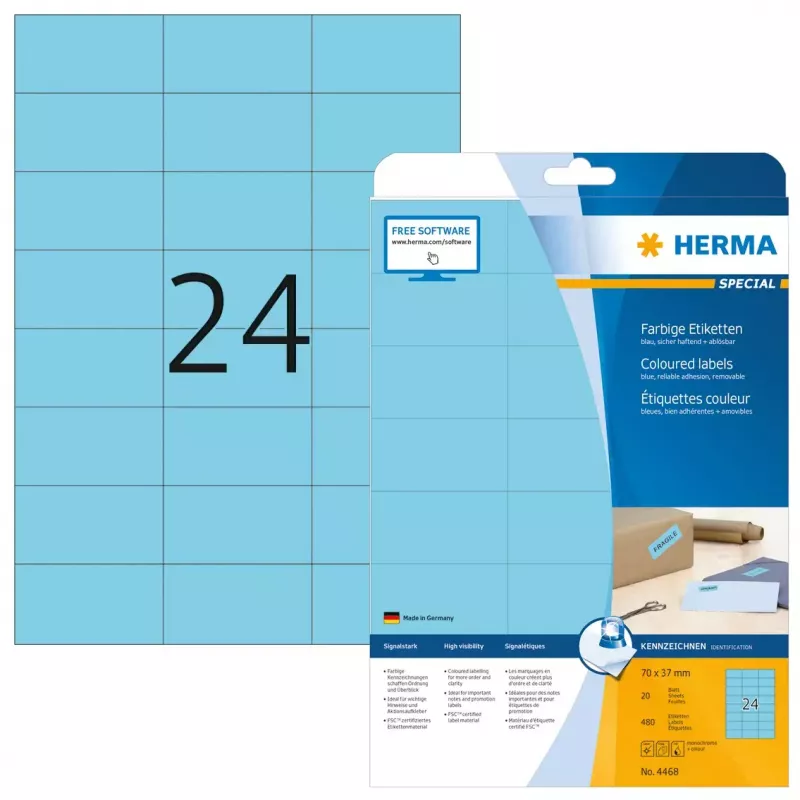 Self-adhesive printer label HERMA Coloured Labels A4 70x37 mm blue