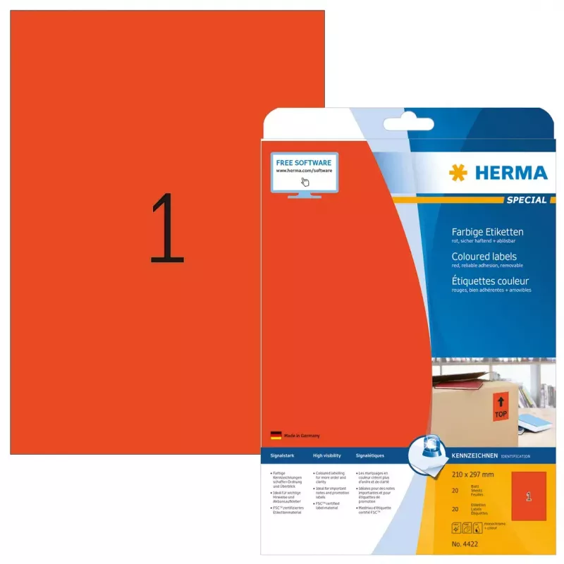Self-adhesive printer label HERMA Coloured Labels A4 210x297 mm red paper matt 20 pcs.
