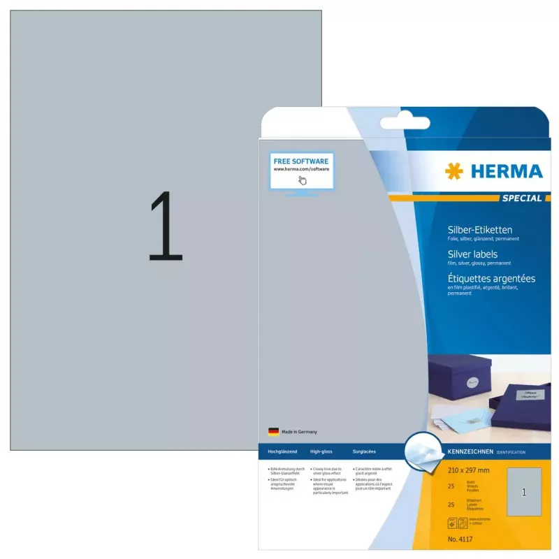 Self-adhesive printer label HERMA Labels A4 210x297 mm silver film glossy 25 pcs