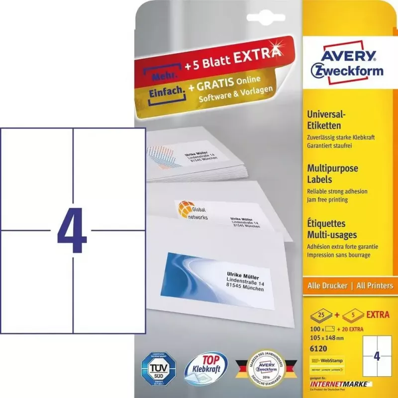 Self-adhesive Rectangle Labels Avery Zweckform 6120 — White, Permanent Adhesive, 120 pcs