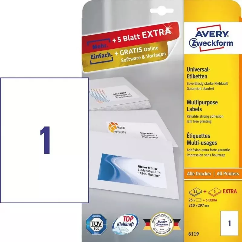 Self-adhesive rectangle labels Avery Zweckform 6119, permanent adhesive, white, 30 pcs