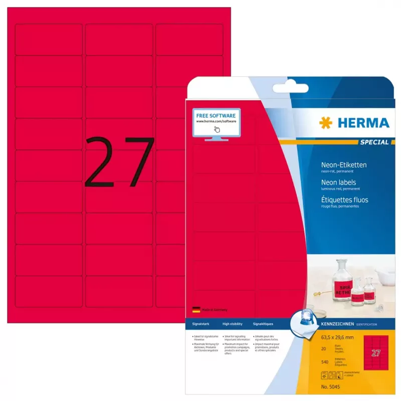 Self-adhesive printer label HERMA Neon labels A4 63.5x29.6 mm luminous red 540 pcs