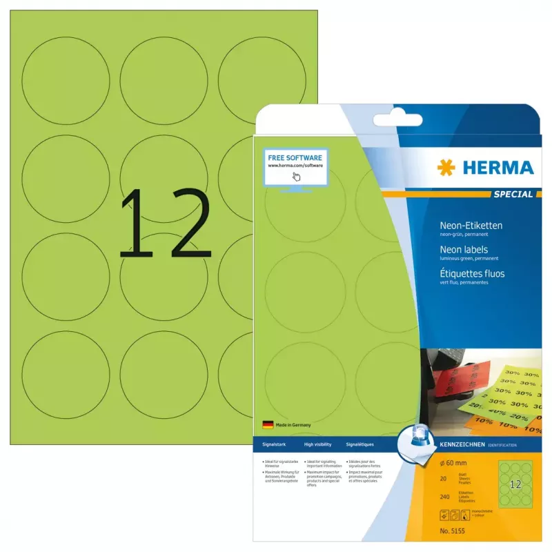 Self-adhesive printer label HERMA Neon labels A4 Ø 60 mm