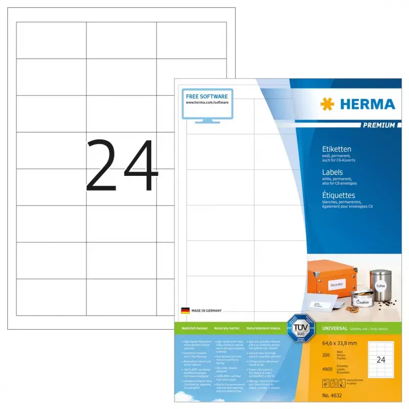 Labels HERMA Premium A4 64.6x33.8 mm white paper matt 4800 pcs