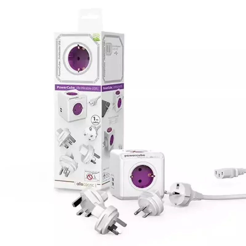 Power Extension Allocacoc PowerCube ReWirable USB 1m 4 AC Outlets Purple White