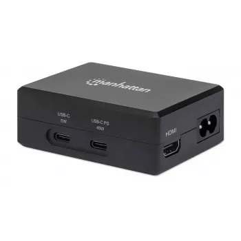 Manhattan Smart Video Multiport Dock, Ports (x5): HDMI Port, USB-A (x2), USB-C (x2), With Power Delivery to USB-C Port, Internal Power Supply, Ultra-Compact, Detachable Power Cable, Black, Three Year Warranty, Retail Box
