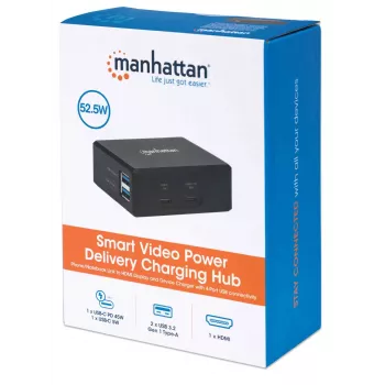 Manhattan Smart Video Multiport Dock, Ports (x5): HDMI Port, USB-A (x2), USB-C (x2), With Power Delivery to USB-C Port, Internal Power Supply, Ultra-Compact, Detachable Power Cable, Black, Three Year Warranty, Retail Box