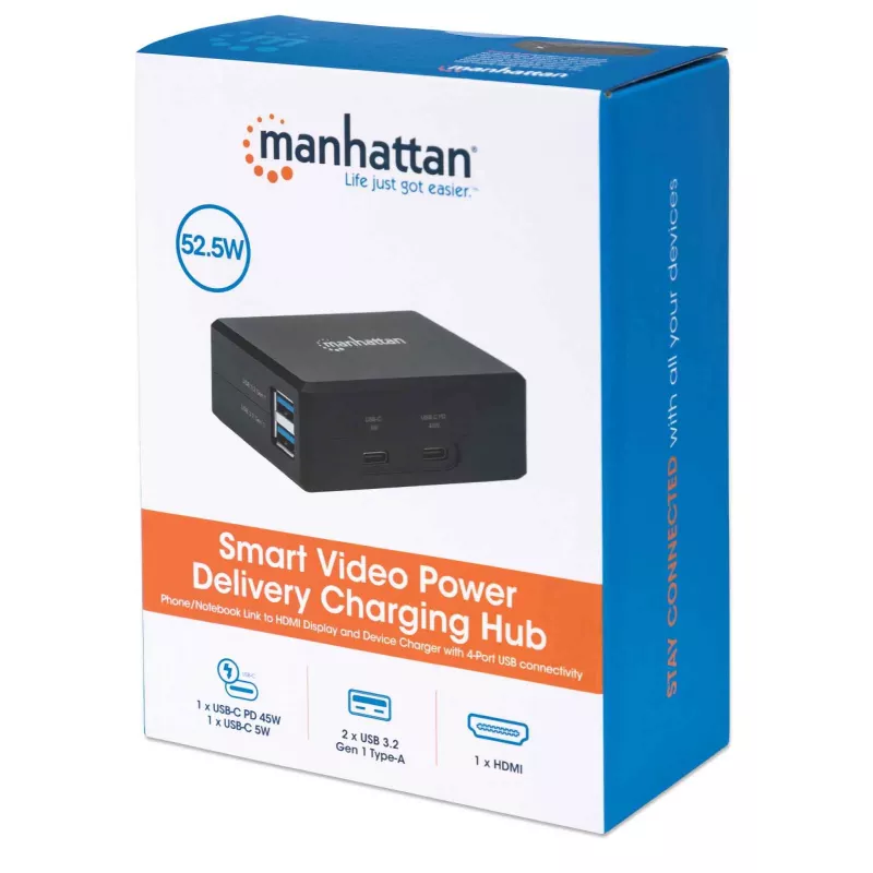 Manhattan Smart Video Multiport Dock, Ports (x5): HDMI Port, USB-A (x2), USB-C (x2), With Power Delivery to USB-C Port, Internal Power Supply, Ultra-Compact, Detachable Power Cable, Black, Three Year Warranty, Retail Box
