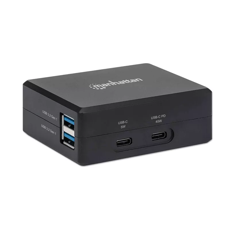Manhattan Smart Video Multiport Dock, Ports (x5): HDMI Port, USB-A (x2), USB-C (x2), With Power Delivery to USB-C Port, Internal Power Supply, Ultra-Compact, Detachable Power Cable, Black, Three Year Warranty, Retail Box