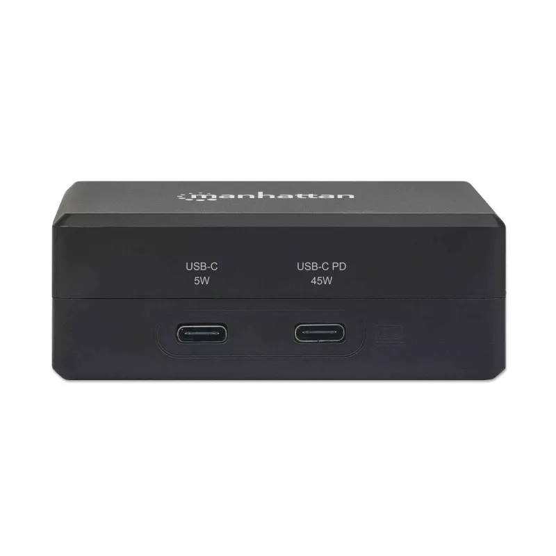 Manhattan Smart Video Multiport Dock, Ports (x5): HDMI Port, USB-A (x2), USB-C (x2), With Power Delivery to USB-C Port, Internal Power Supply, Ultra-Compact, Detachable Power Cable, Black, Three Year Warranty, Retail Box