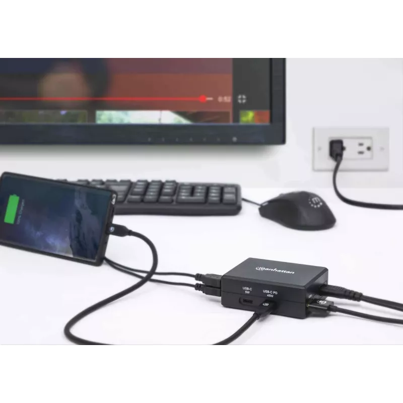 Manhattan Smart Video Multiport Dock, Ports (x5): HDMI Port, USB-A (x2), USB-C (x2), With Power Delivery to USB-C Port, Internal Power Supply, Ultra-Compact, Detachable Power Cable, Black, Three Year Warranty, Retail Box