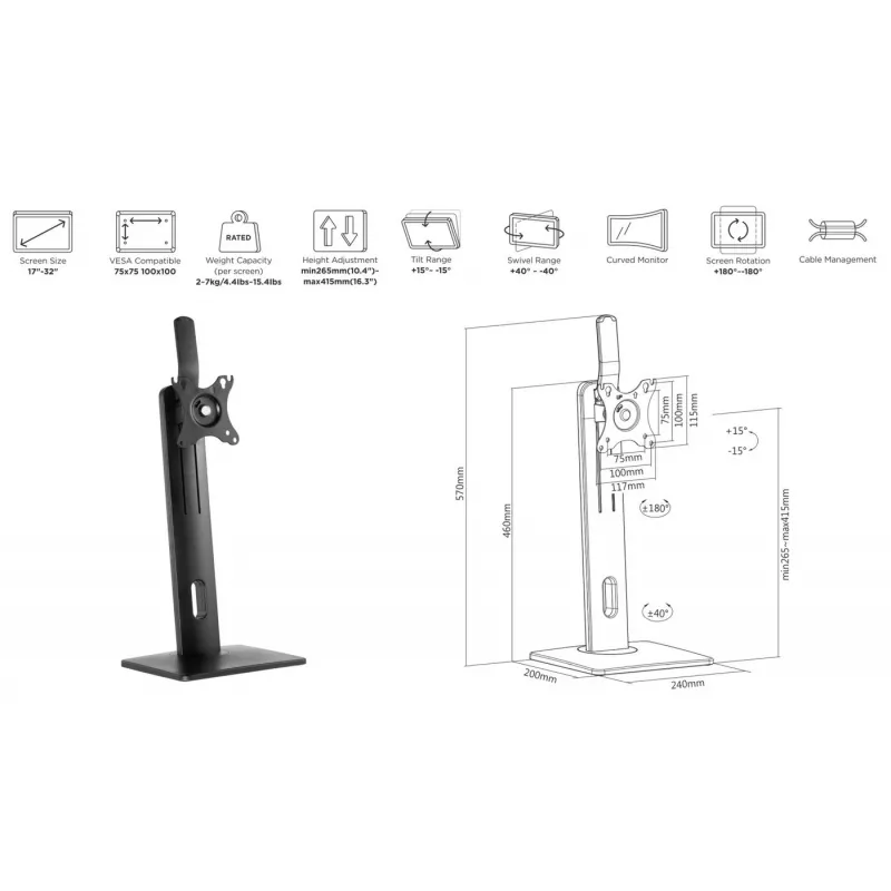 eSTUFF GLB226004 monitor mount / stand 81.3 cm (32 inch) Desk Black