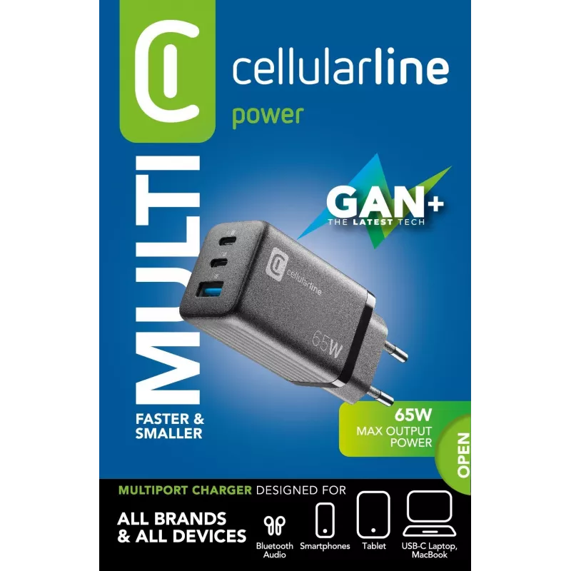 Cellularline Multipower Micro 65W Ultra-compact 65W fast mains charger with 3 ports