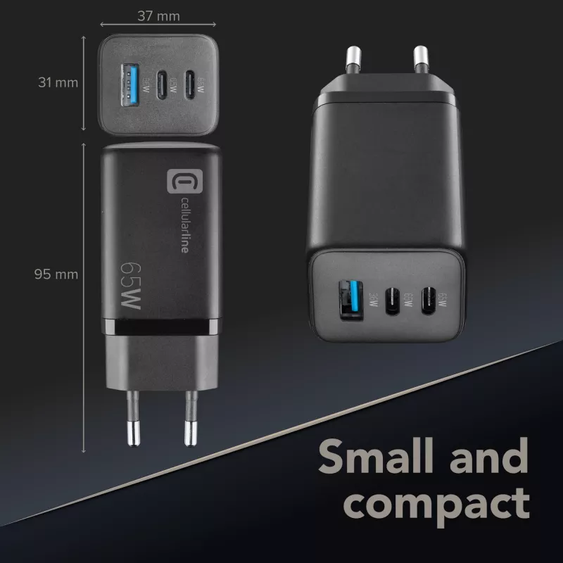 Cellularline Multipower Micro 65W Ultra-compact 65W fast mains charger with 3 ports