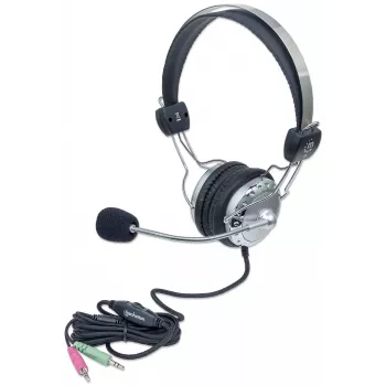 Manhattan Stereo Over-Ear Headset (3.5mm), Microphone Boom (padded), Adjustable Steel Headband, In-Line Volume Control, Ear Cushions, Std 2x 3.5mm stereo jack/plug for audio/mic use, cable 2.5m, 3 Year Warranty