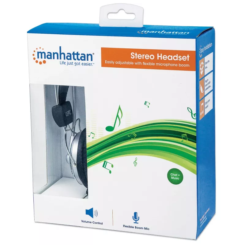 Manhattan Stereo Over-Ear Headset (3.5mm), Microphone Boom (padded), Adjustable Steel Headband, In-Line Volume Control, Ear Cushions, Std 2x 3.5mm stereo jack/plug for audio/mic use, cable 2.5m, 3 Year Warranty