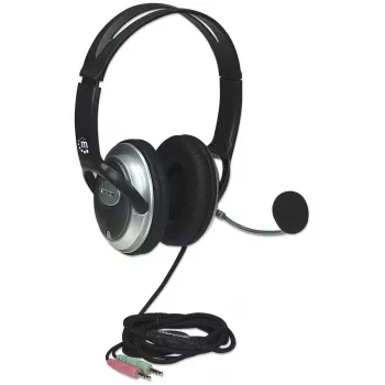 Manhattan Stereo Over-Ear Headset (3.5mm), Microphone Boom (padded), Adjustable Steel Headband, In-Line Volume Control, Ear Cushions, Std 2x 3.5mm stereo jack/plug for audio/mic use, cable 2.5m, 3 Year Warranty