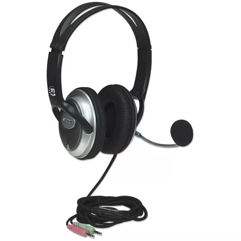 Manhattan Stereo Over-Ear Headset (3.5mm), Microphone Boom (padded), Adjustable Steel Headband, In-Line Volume Control, Ear Cushions, Std 2x 3.5mm stereo jack/plug for audio/mic use, cable 2.5m, 3 Year Warranty