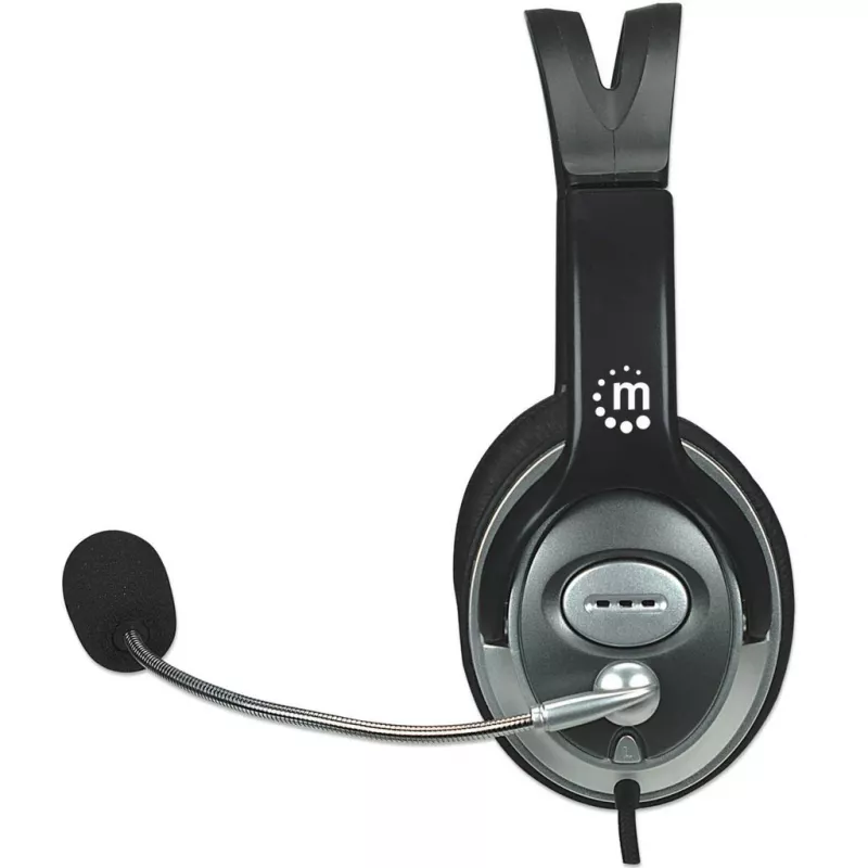 Manhattan Stereo Over-Ear Headset (3.5mm), Microphone Boom (padded), Adjustable Steel Headband, In-Line Volume Control, Ear Cushions, Std 2x 3.5mm stereo jack/plug for audio/mic use, cable 2.5m, 3 Year Warranty
