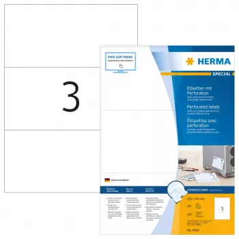 Self-adhesive printer label HERMA 4664 A4 210x99 mm white perforated paper matt 300 pcs