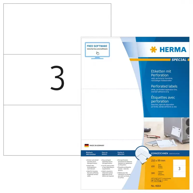 Self-adhesive printer label HERMA 4664 A4 210x99 mm white perforated paper matt 300 pcs