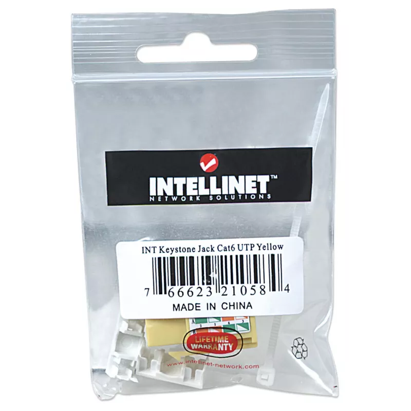 Intellinet Keystone Jack, Cat6, UTP, Punch-down, Yellow, Flat, Yellow, RJ-45, Female, 22/26, Cat6