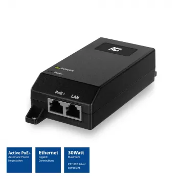 ACT Gigabit PoE+ (30W) Injector, Gigabit Ethernet, 10,100,1000 Mbit/s, IEEE 802.3, IEEE 802.3ab, IEEE 802.3af, IEEE 802.3at, IEEE 802.3u, Black, 30 V, 100 - 240 V