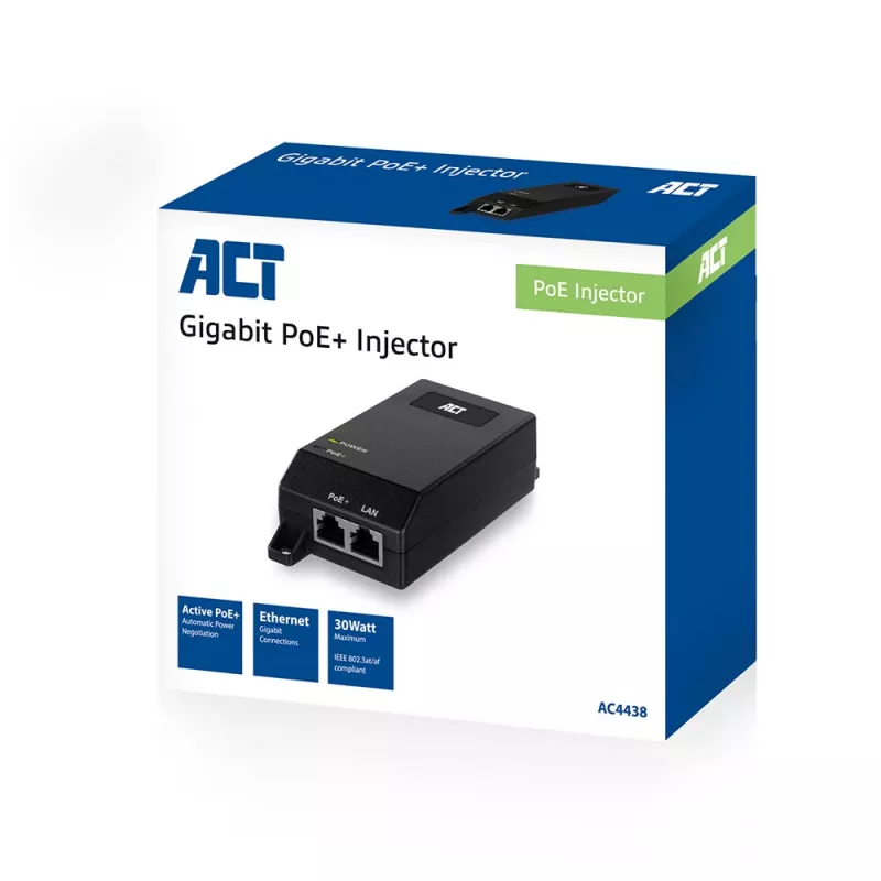 ACT Gigabit PoE+ (30W) Injector, Gigabit Ethernet, 10,100,1000 Mbit/s, IEEE 802.3, IEEE 802.3ab, IEEE 802.3af, IEEE 802.3at, IEEE 802.3u, Black, 30 V, 100 - 240 V