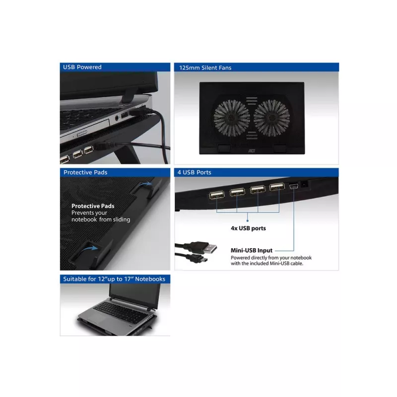 Laptop stand ACT AC8105 with fan height adjustable 2 positions 4-port hub