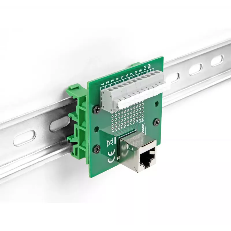 DeLOCK RJ50 female to Terminal Block with push-button for DIN rail angled