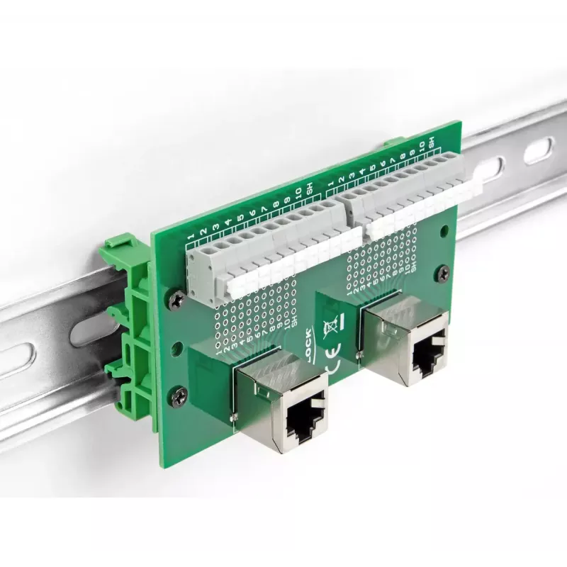 DeLOCK RJ50 2 x female to 2 x Terminal Block with push-button for DIN rail angled