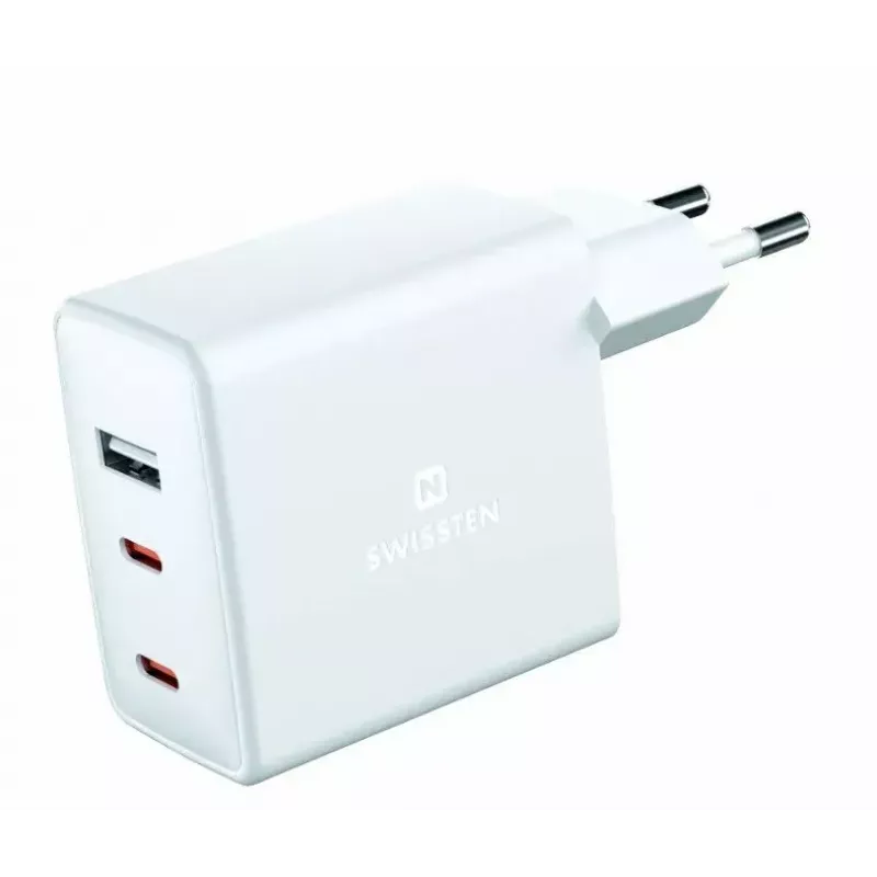 SWISSTEN Travel Charger GaN 70W 2×USB-C fast charger for laptops and phones