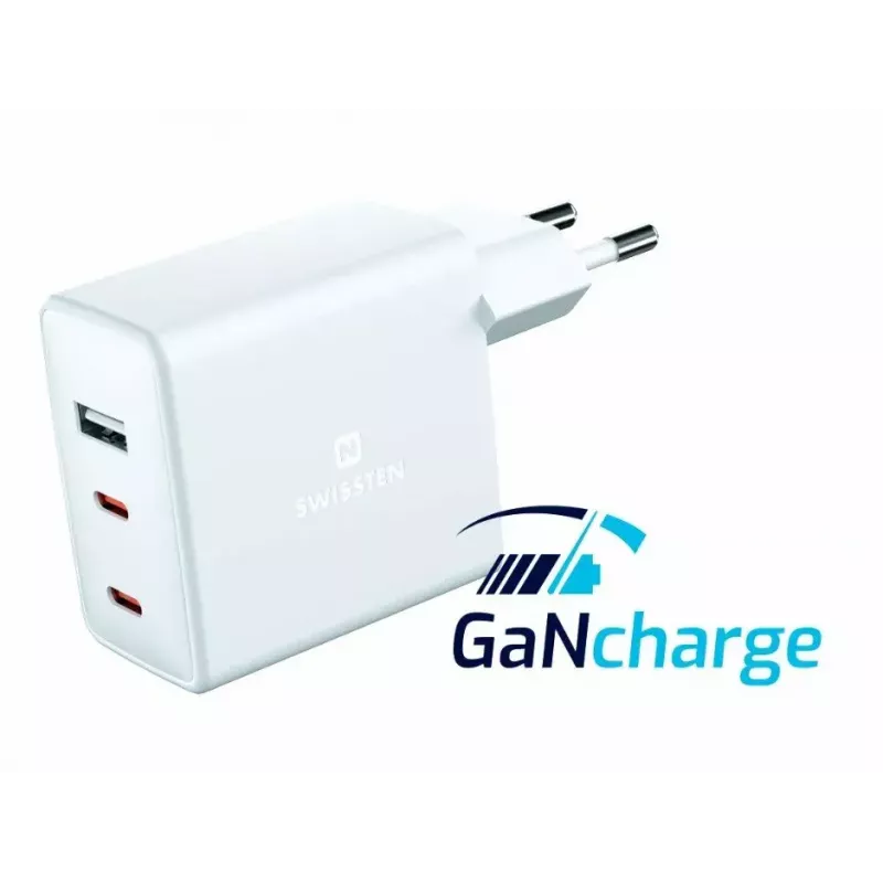 SWISSTEN Travel Charger GaN 70W 2×USB-C fast charger for laptops and phones
