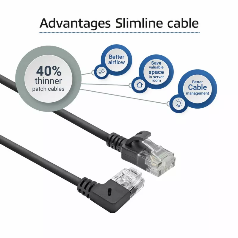 ACT Black 3 meters U/UTP CAT6A LSZH Slimline patch cable with RJ45 connectors 90° angled right to straight