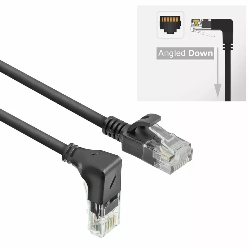 ACT Black 1 meter U/UTP CAT6A LSZH Slimline patch cable with RJ45 connectors 90° angled down to straight