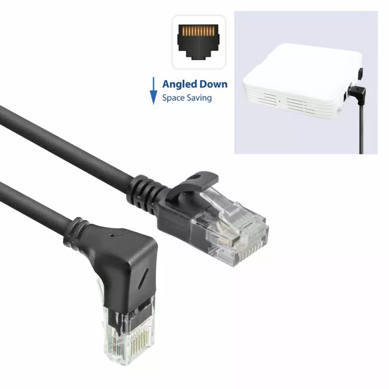 ACT Black 1 meter U/UTP CAT6A LSZH Slimline patch cable with RJ45 connectors 90° angled down to straight