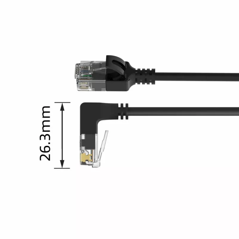 ACT Black 1 meter U/UTP CAT6A LSZH Slimline patch cable with RJ45 connectors 90° angled down to straight
