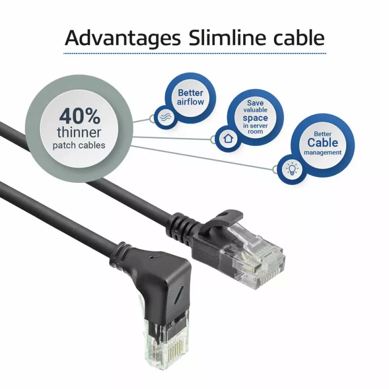 ACT Black 1 meter U/UTP CAT6A LSZH Slimline patch cable with RJ45 connectors 90° angled down to straight