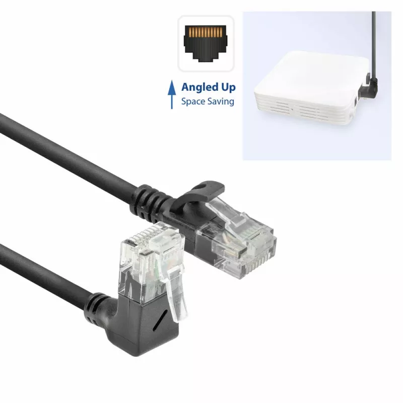 ACT Black 2 meters U/UTP CAT6A LSZH Slimline patch cable with RJ45 connectors 90° angled up to straight