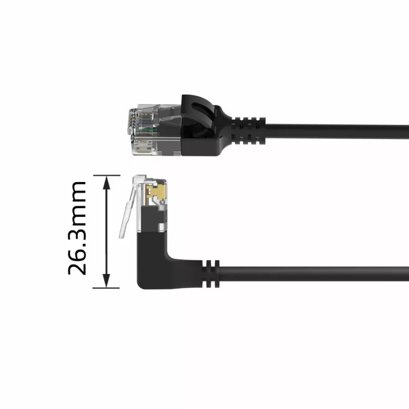 ACT Black 5 meters U/UTP CAT6A LSZH Slimline patch cable with RJ45 connectors 90° angled up to straight