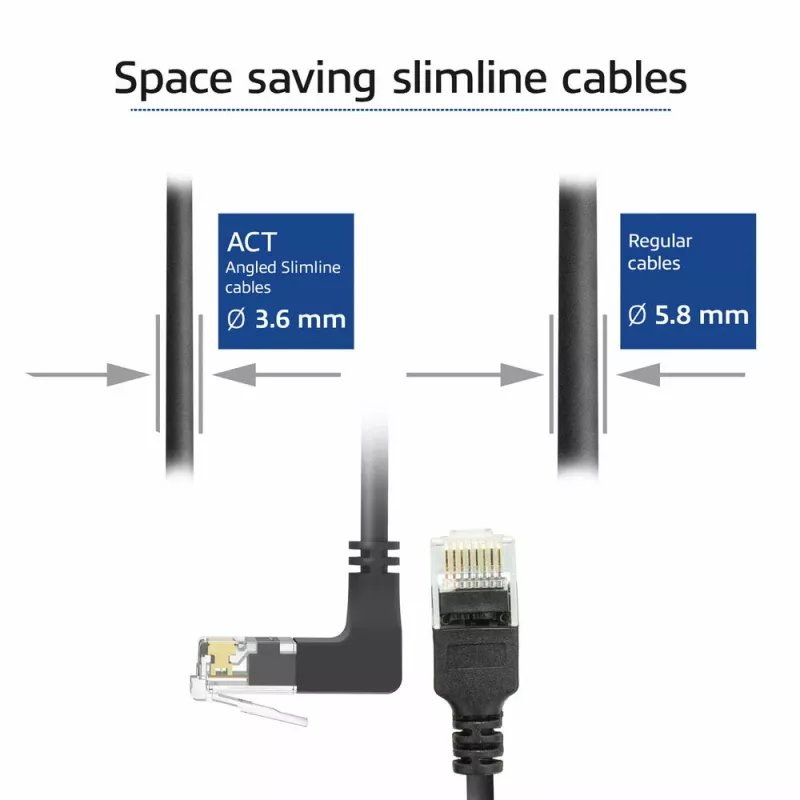 ACT Black 5 meters U/UTP CAT6A LSZH Slimline patch cable with RJ45 connectors 90° angled up to straight