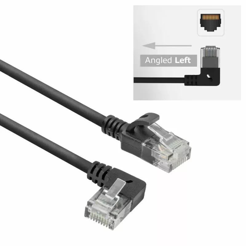 ACT Black 0.25 meters U/UTP CAT6A LSZH Slimline patch cable with RJ45 connectors 90° angled left to straight