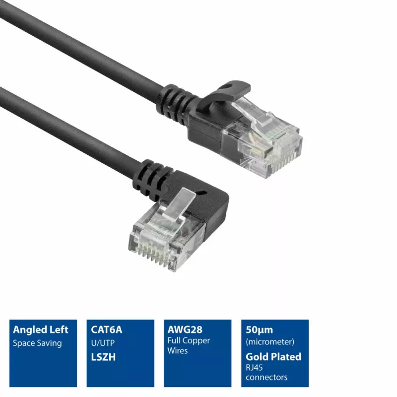ACT Black 0.25 meters U/UTP CAT6A LSZH Slimline patch cable with RJ45 connectors 90° angled left to straight