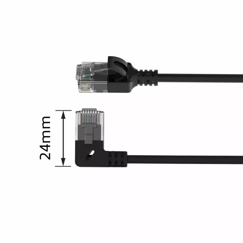 ACT Black 0.25 meters U/UTP CAT6A LSZH Slimline patch cable with RJ45 connectors 90° angled left to straight